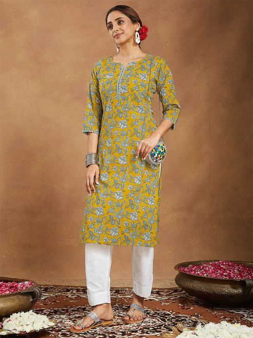 Saheli Women's Mustard Pure Cotton Floral Printed Straight Kurta