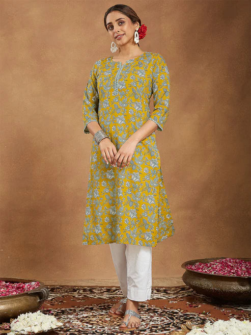Saheli Women's Mustard Pure Cotton Floral Printed Straight Kurta
