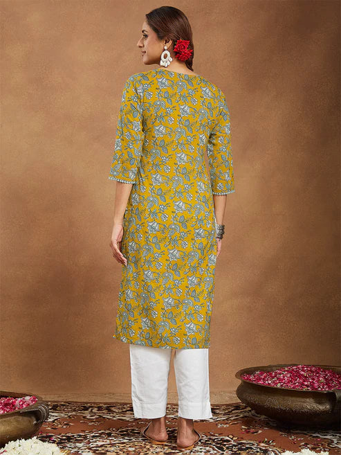 Saheli Women's Mustard Pure Cotton Floral Printed Straight Kurta