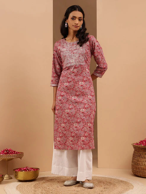 Saheli Women's Pink Pure Cotton Yoke Embroidered Straight Kurta