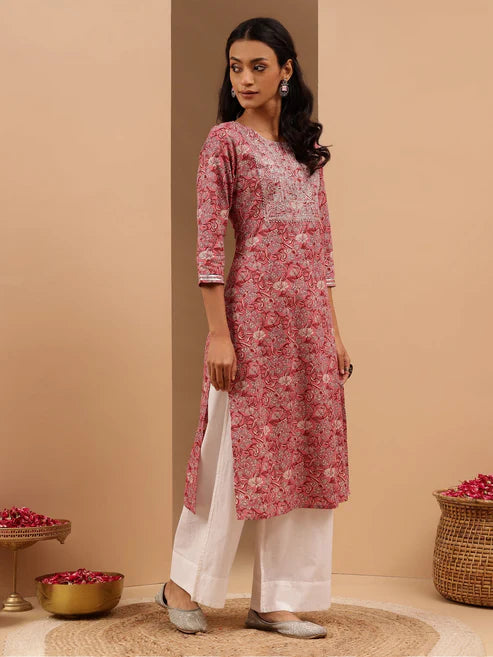 Saheli Women's Pink Pure Cotton Yoke Embroidered Straight Kurta