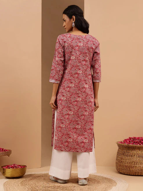Saheli Women's Pink Pure Cotton Yoke Embroidered Straight Kurta