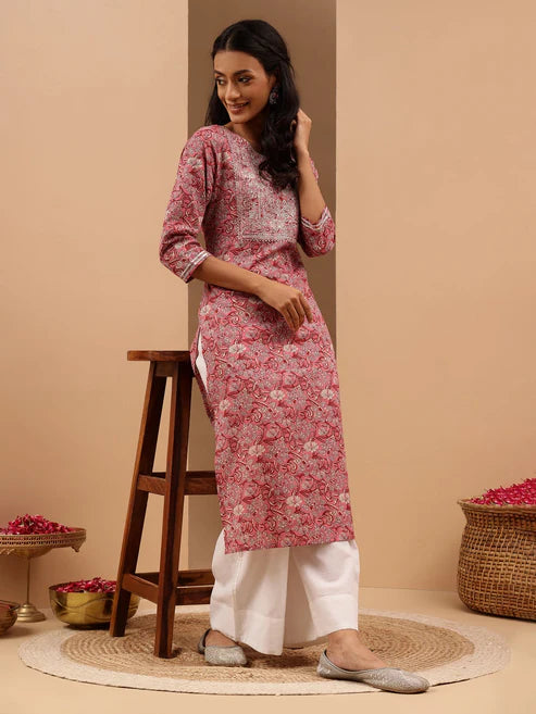 Saheli Women's Pink Pure Cotton Yoke Embroidered Straight Kurta