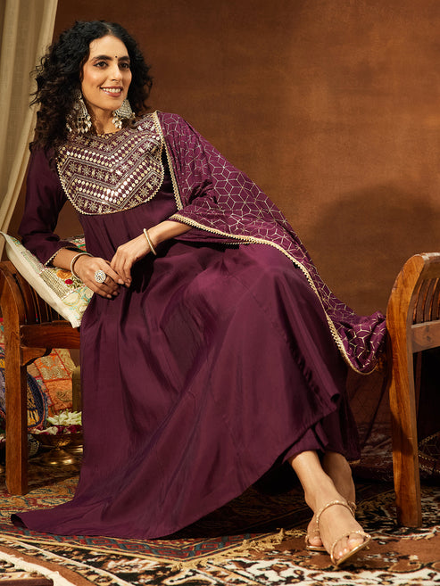Saheli Women's Wine Chanderi Silk Embellished A-line Kurta Set