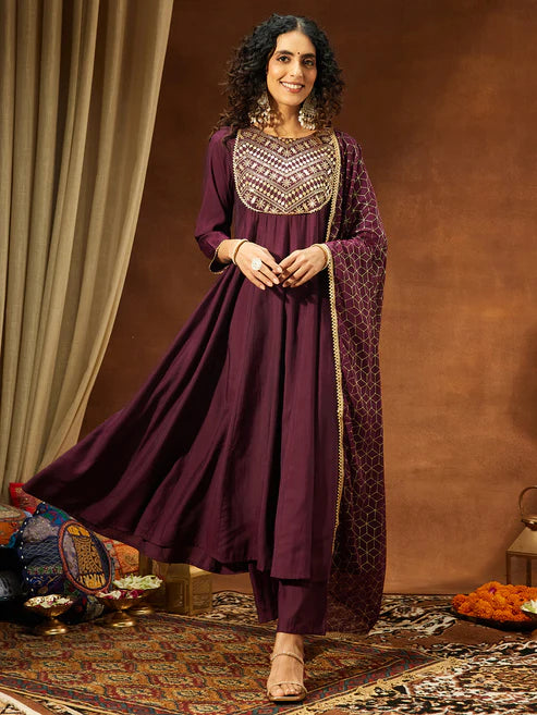 Saheli Women's Wine Chanderi Silk Embellished A-line Kurta Set