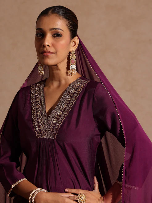 Saheli Women's Wine Chanderi Silk Embellished Straight Kurta Set