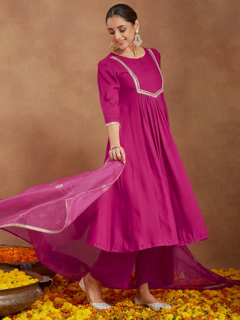 Saheli Women's Pink Rayon Yoke Design A-line Kurta With Palazzo & Dupatta Set
