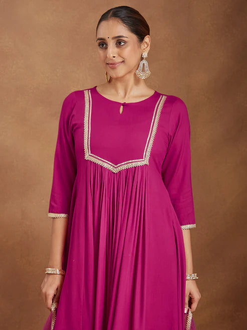 Saheli Women's Pink Rayon Yoke Design A-line Kurta With Palazzo & Dupatta Set