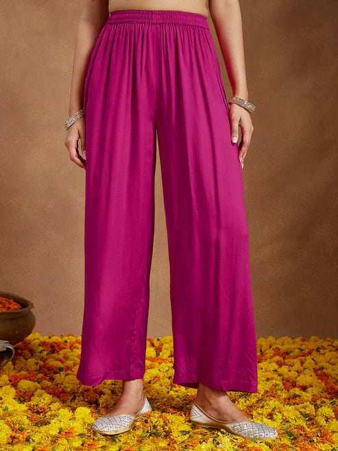 Saheli Women's Pink Rayon Yoke Design A-line Kurta With Palazzo & Dupatta Set