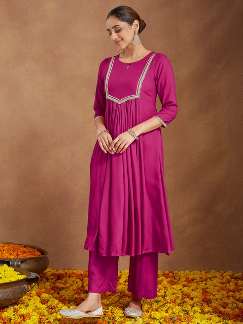 Saheli Women's Pink Rayon Yoke Design A-line Kurta With Palazzo & Dupatta Set