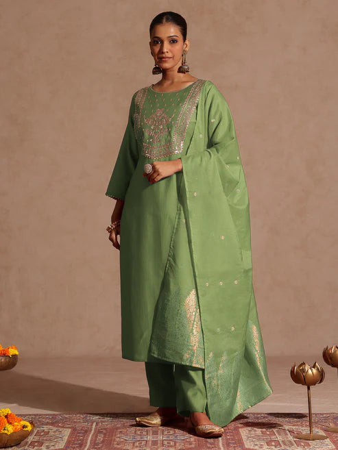 Saheli Women's Sage Green Silk Blend Zari Yoke Embroidered Straight Kurta Set With Dupatta