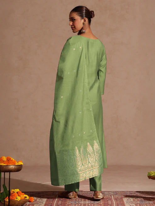 Saheli Women's Sage Green Silk Blend Zari Yoke Embroidered Straight Kurta Set With Dupatta