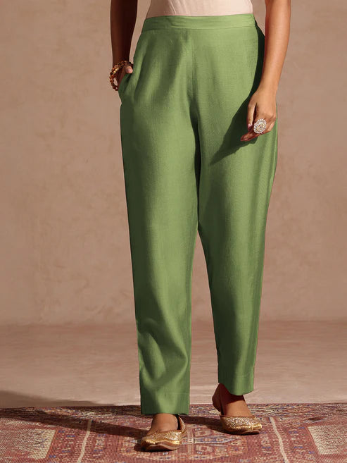 Saheli Women's Sage Green Silk Blend Zari Yoke Embroidered Straight Kurta Set With Dupatta