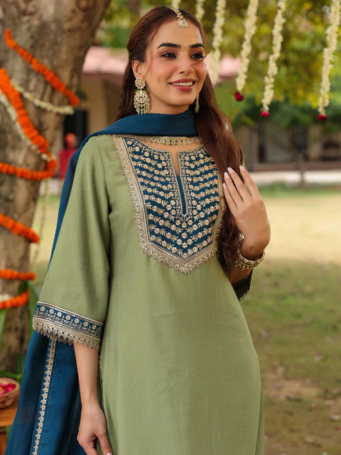 Saheli Women's Sage Green Silk Blend Zari Embroidered Straight Kurta Set