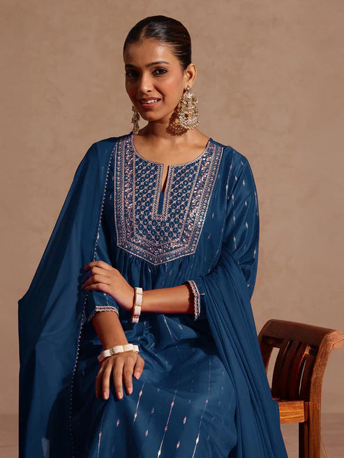 Saheli Women's Teal Blue Silk Blend Zari Yoke Embroidered A-line Kurta Set With Dupatta