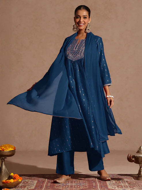 Saheli Women's Teal Blue Silk Blend Zari Yoke Embroidered A-line Kurta Set With Dupatta