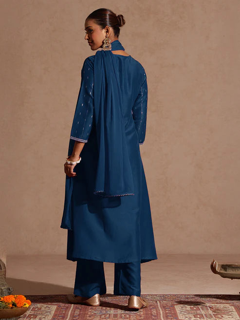 Saheli Women's Teal Blue Silk Blend Zari Yoke Embroidered A-line Kurta Set With Dupatta