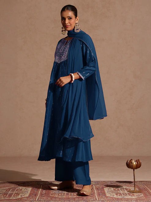 Saheli Women's Teal Blue Silk Blend Zari Yoke Embroidered A-line Kurta Set With Dupatta