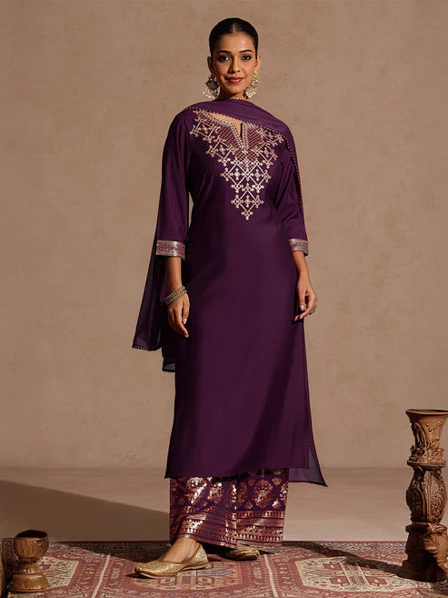 Saheli Women's Wine Chanderi Silk Embellished Straight Kurta With Palazzo & Dupatta Set