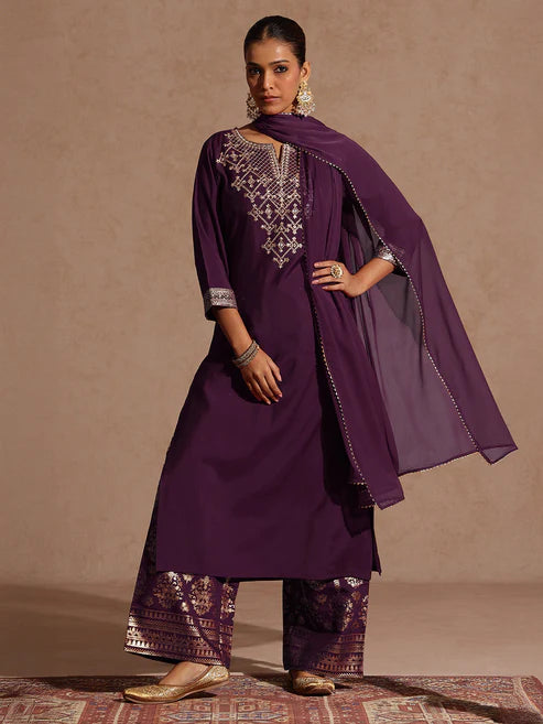 Saheli Women's Wine Chanderi Silk Embellished Straight Kurta With Palazzo & Dupatta Set