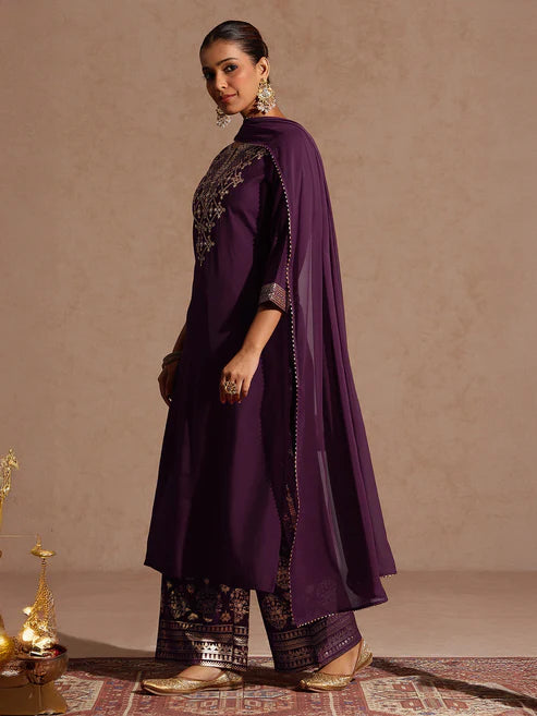 Saheli Women's Wine Chanderi Silk Embellished Straight Kurta With Palazzo & Dupatta Set