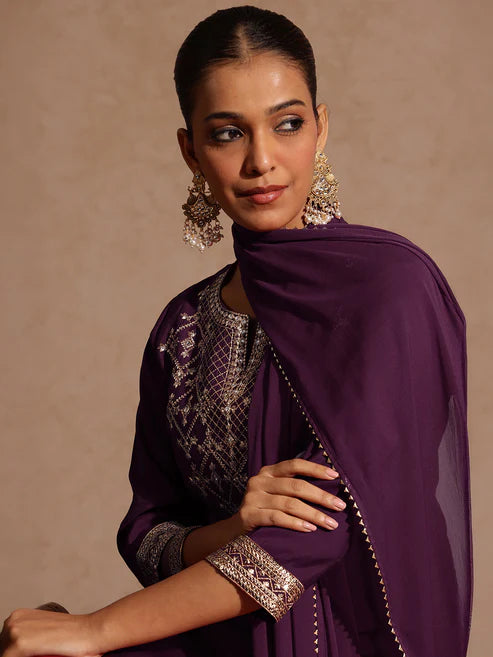 Saheli Women's Wine Chanderi Silk Embellished Straight Kurta With Palazzo & Dupatta Set