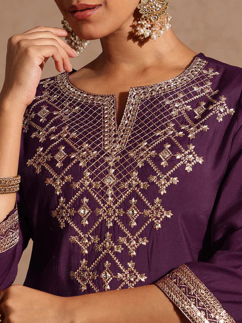 Saheli Women's Wine Chanderi Silk Embellished Straight Kurta With Palazzo & Dupatta Set