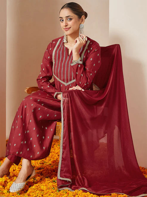 Saheli Women's Maroon Chanderi Silk Embellished Gold Printed Anarkali Kurta Set