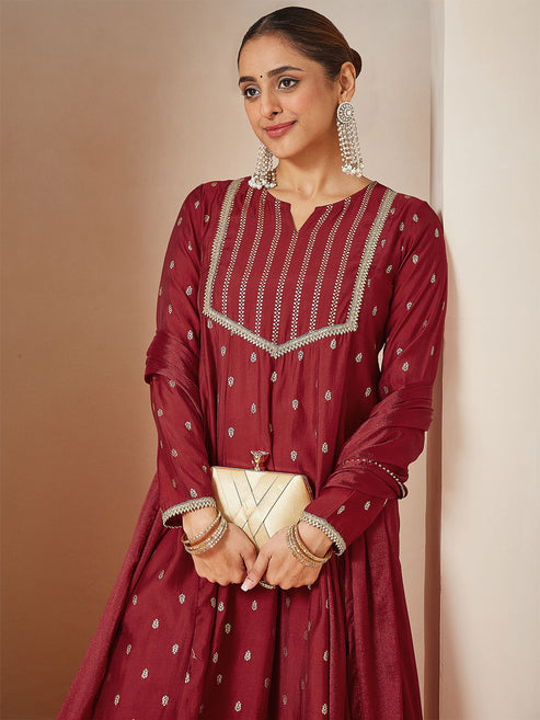 Saheli Women's Maroon Chanderi Silk Embellished Gold Printed Anarkali Kurta Set