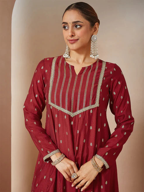 Saheli Women's Maroon Chanderi Silk Embellished Gold Printed Anarkali Kurta Set