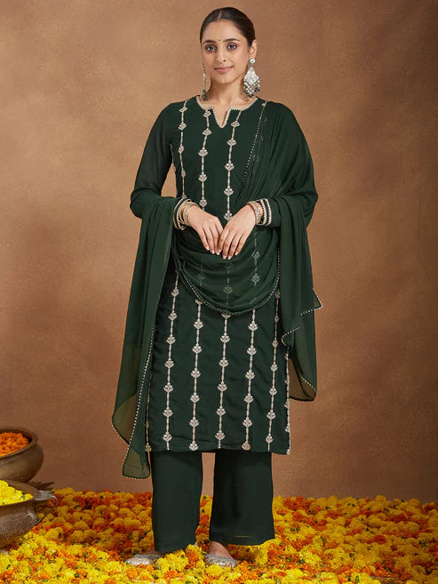 Saheli Women's Green Georgette Zari Embroidered Straight Kurta With Palazzo & Dupatta Set