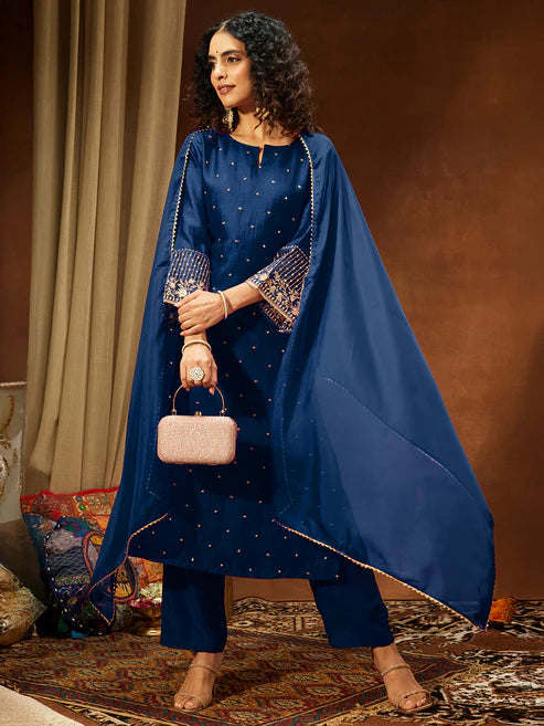 Saheli Women's Teal Blue Silk Blend Embellished Straight Kurta Set