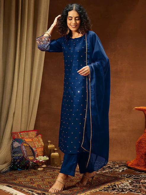 Saheli Women's Teal Blue Silk Blend Embellished Straight Kurta Set