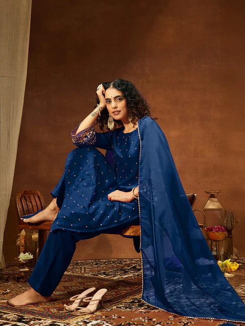 Saheli Women's Teal Blue Silk Blend Embellished Straight Kurta Set