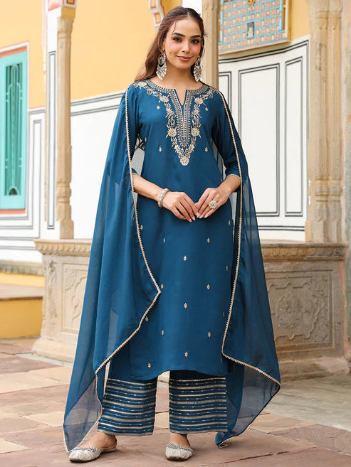 Saheli Women's Teal Blue Chanderi Silk Zari Embroidered Straight Kurta With Palazzo & Dupatta Set