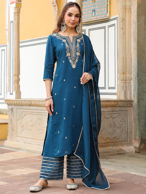 Saheli Women's Teal Blue Chanderi Silk Zari Embroidered Straight Kurta With Palazzo & Dupatta Set