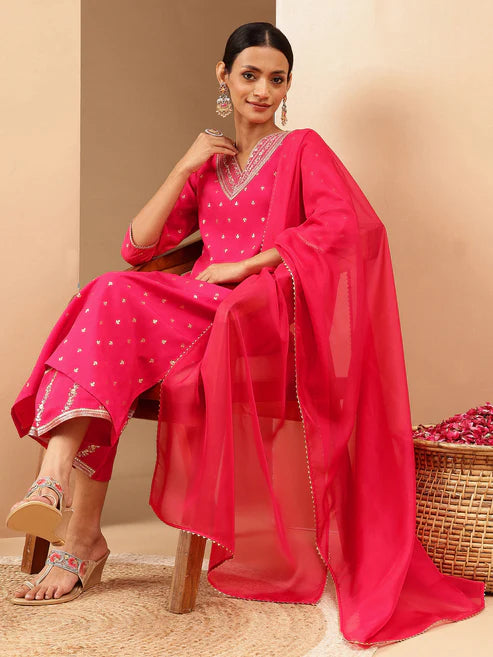 Saheli Women's Pink Chanderi Silk Gold Zari Embroidered Straight Kurta With Palazzo & Dupatta Set