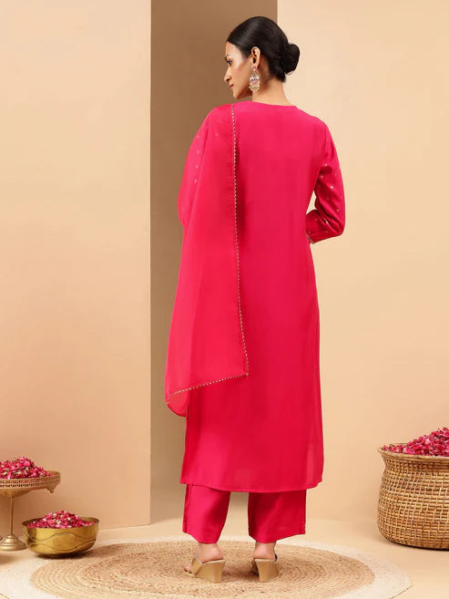 Saheli Women's Pink Chanderi Silk Gold Zari Embroidered Straight Kurta With Palazzo & Dupatta Set