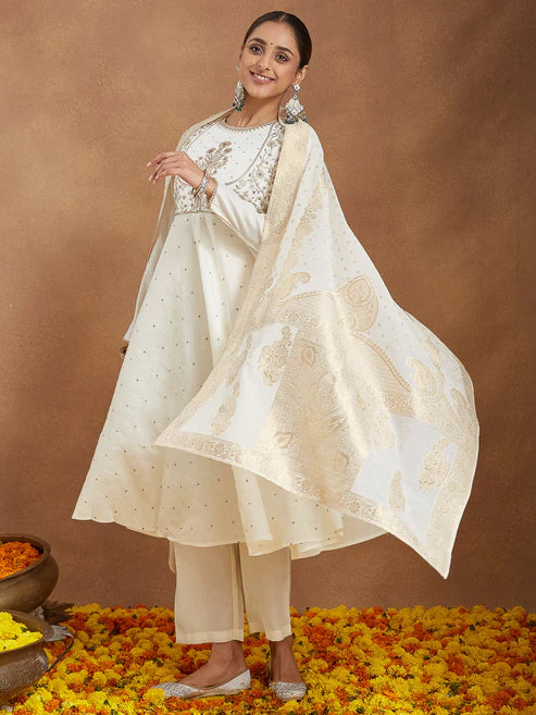Saheli Women's Off White Chanderi Silk Embroidered A-line Kurta Set