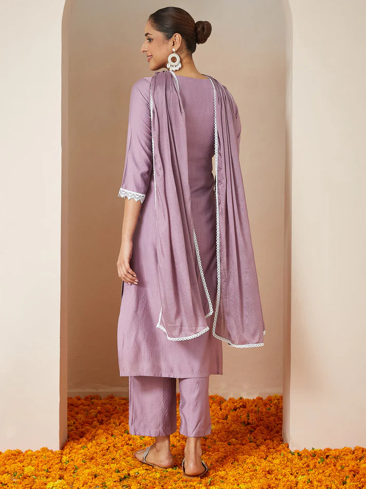 Saheli Women's Lavender Silk Blend Embroidered Straight Kurta Set