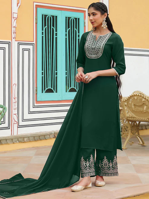 Saheli Women's Dark Green Chanderi Silk Zari Embroidered Straight Kurta Set