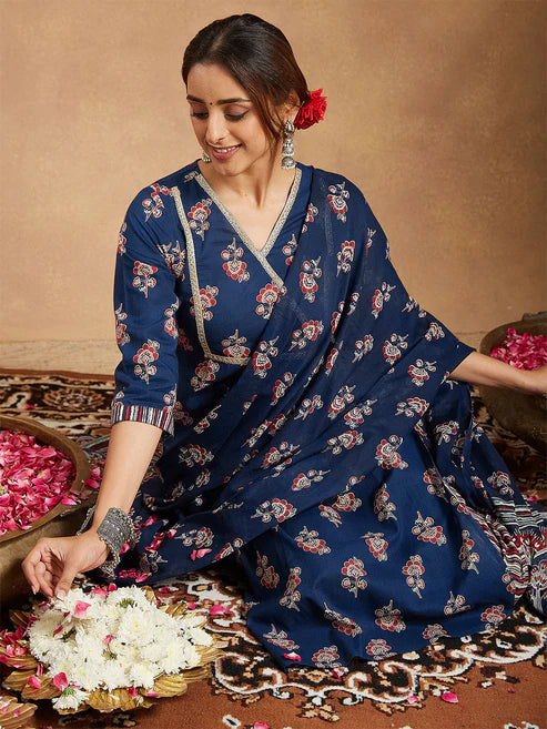 Saheli Women's Blue Pure Cotton Floral Printed Straight Kurta Set