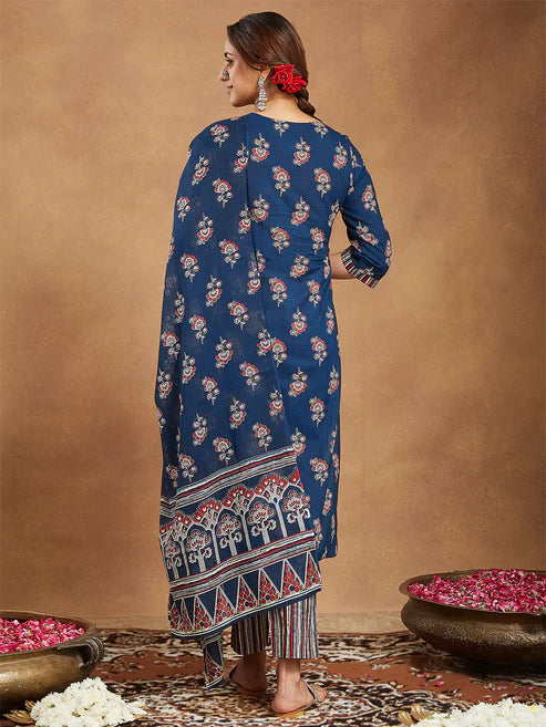 Saheli Women's Blue Pure Cotton Floral Printed Straight Kurta Set