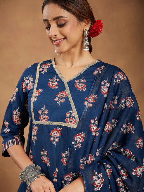 Saheli Women's Blue Pure Cotton Floral Printed Straight Kurta Set