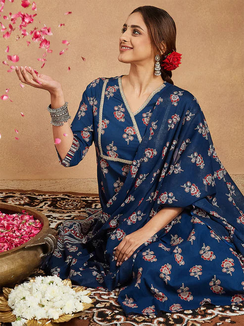 Saheli Women's Blue Pure Cotton Floral Printed Straight Kurta Set