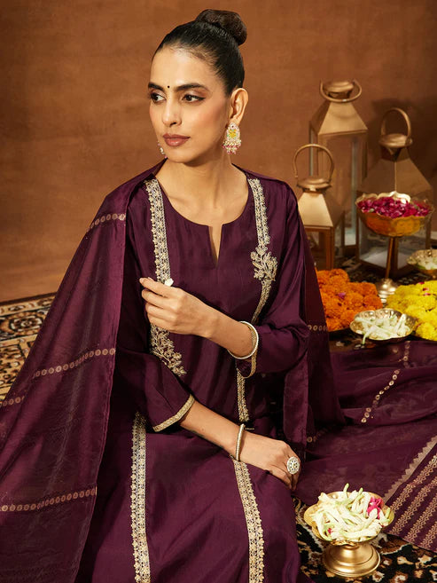 Saheli Women's Wine Chanderi Silk Embroidered Straight Kurta Set