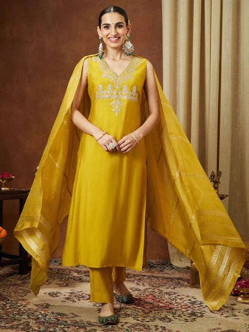 Saheli Women's Mustard Chanderi Silk Zari Embroidered Straight Kurta Pant Set