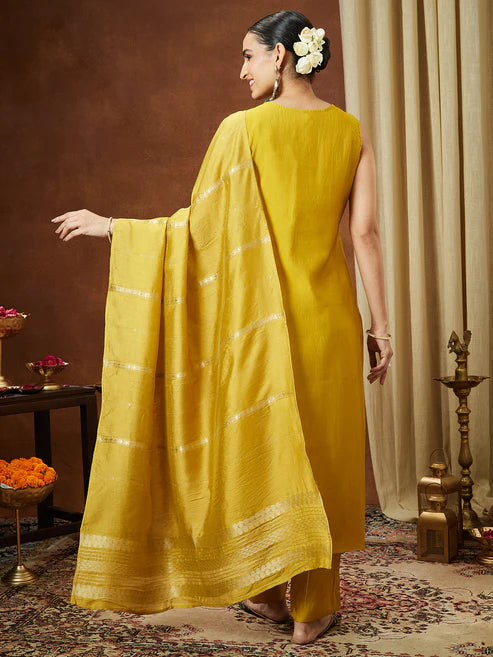 Saheli Women's Mustard Chanderi Silk Zari Embroidered Straight Kurta Pant Set
