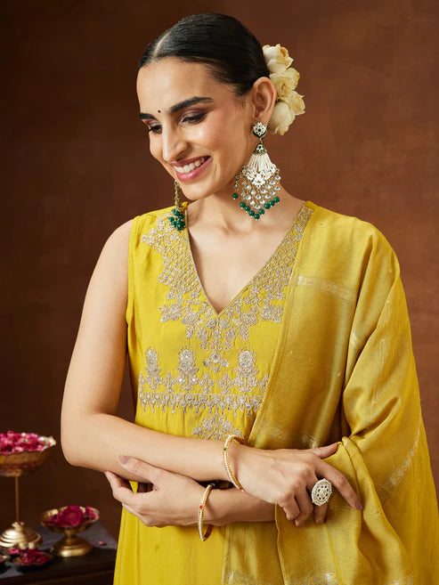 Saheli Women's Mustard Chanderi Silk Zari Embroidered Straight Kurta Pant Set