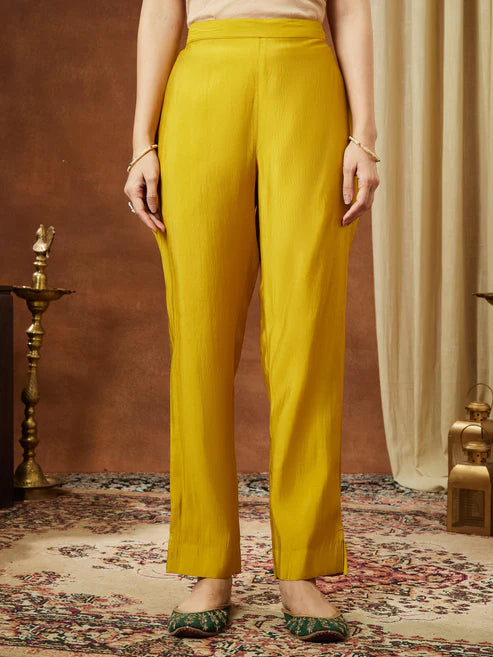 Saheli Women's Mustard Chanderi Silk Zari Embroidered Straight Kurta Pant Set